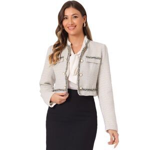 Tweed Jacket for Open Front Office Elegant Crop Blazer Light Blue